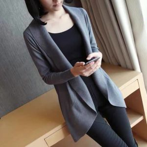 Simple Knitting Coat Cardigan Women Mid Length Long Length New Lazy Wind plus Size Loose Long Sleeve Solid Color Top Lightweight Sweater