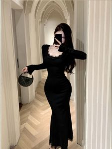 Black Lace Long Sleeve V-Neck Fish Tail Dress Women Early Autumn Waist Cinched Slimming Rich Girl Butt Covering Long Dress