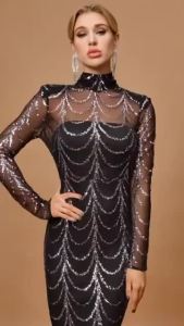Missord Kim Sa Lấp Lánh Thấy Mặc Dù Nữ Maxi Váy Đầm Dạ Thu Đông Cổ Cao Sóng Tay Dài Thanh Lịch Bodycon Đầm Dự Tiệc