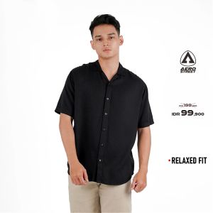 Aerostreet Kemeja Rayon Marva Hitam Hawai Polos Gelap Pria Wanita QAAAA