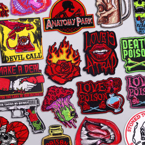 Red Punk Skull Embroidered Patches For Clothing Stickers Horror Skeleton Applique Iron On Patches On Clothes DIY Decorate Badges