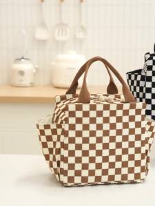 Corduroy Checkered Bento Bag Square Insulated Lunch Carrier for Office and Daily Use RH2572