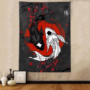 VIKAMA Âm Dương Cá Koi Thảm Nhật Bản Phương Đông Treo Tường Cho Phòng Ngủ Phòng Khách Thiền Trang Trí Nhà Sợi Polyester