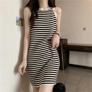 Slimming Effect Knitted Vest Dress Summer 2023 Striped Neck Hanging Strap Dresses Korean Style High Waist One Step Skirt H Type