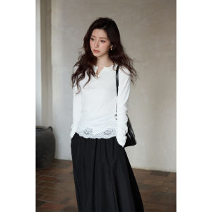seemon | Áo Thun Dài Tay Phối Ren Elegance Trắng cho Mùa Thu
