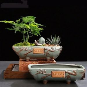 Vintage Ceramic Bonsai Pot Creative Rectangular Succulent Planter with Chinese Style for Home Garden Decor