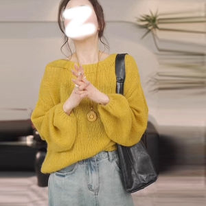 Áo Len Dệt Kim Cổ Tròn Màu Vàng Rộng Rãi Thoải Mái Cho Nữ Mùa Thu Phong Cách Mới Đa Năng Thường Ngày Chất Liệu Polyester
