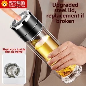 CrossOver | One-Touch Lid Car Glass Cup Anti-Fall Explosion-Proof Tea Cup Mens Quick Opening Cup Modern Simple Style Double Layer Borosilicate Glass