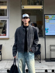 Cleanfit Vai Ngắn Nam Denim Áo Khoác Mùa Xuân Mùa Thu Thời Trang Cảm Giác Cao Cấp Thương Hiệu Không Cổ Áo Xe Máy Áo Khoác