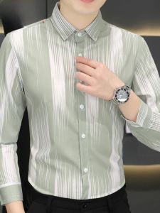 HENGYUANXIANG | Stylish Long Sleeve Mens Shirt Floral Stripes Design Autumn Top Trendy Fashionable Standard Fit Button Detail Iron Free Polyester Nylon Blend