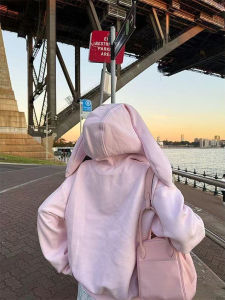 Pink Rabbit Ear Hoodie Womens Spring Autumn Loose Lazy Style Open Cardigan Zipper Jacket Versatile Top Korean Style Long Sleeve