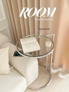 Adjustable Small Coffee Table Popular Ins Stainless Steel Mid-Ancient Glass Side Table Nordic Simple Modern round Table Sofa Corner Table