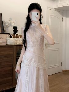 SHANGSHA | Elegant French Style Pink Lace Dress with High Waist Design for Women Party Evening Gown A-Line Skirt Pullover Dress 80% Polyester