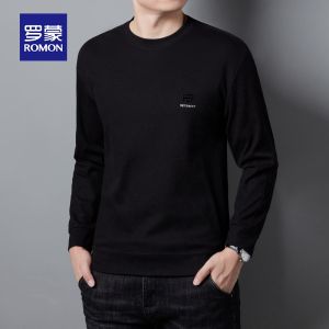 ROMON | Loose Fit Long Sleeve Round Neck Mens Hoodie Casual Fashionable Base Layer T-Shirt Business Casual Polyester Cotton Blend
