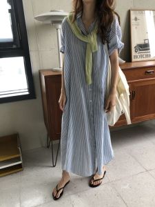 Chic24 Summer plus Size Lazy Style Striped Shirt Dress Loose Long Cotton Polyester Blend Polo Collar H-Shape Casual Fashion