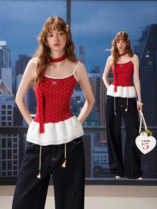 Unifree | Red Polka Dot Ruffle Contrast Color Summer Cute Slim Fit Bow Backtop