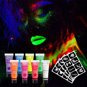 10 มล. 8 สียูวีแบล็คไลท์สีหน้าพร้อมสติกเกอร์รอยสักสีนีออนเรืองแสงล้างทำความสะอาดได้เร็วขึ้นมาร์ดิกราส์ฮาโลวีน