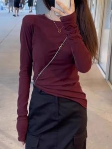 Korean Style Long Sleeve T-Shirt Autumn Womens plus Size Regular Fit Base Layer Shirt Inner Wear Top Red Wine Color