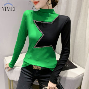 YIMEI Áo Va Chạm Màu Cổ Cao Phong Cách Châu Âu Cho Nữ Áo Thun Cotton Thời Trang Thêu Nổi Bật Áo Nữ Dài Tay Mỏng Mùa Thu Đông Mới 2023