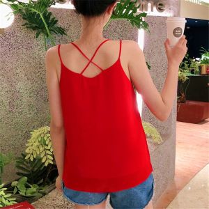 Celebrity Style Chiffon Vest Female Summer New Sleeveless Sling T-shirt V-neck Tops Loose Inner Wear Belly-Covering Shirt