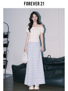 Forever21 Unique Floral Fish Tail Half Skirt Womens Light Blue High Waist Lace A-Line Wrap Long Skirt Korean Style Butterfly Knot