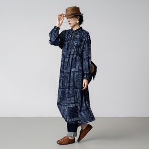 Retro Printed Cotton Maxi Shirt Dress