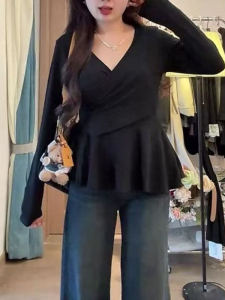 Gentle French Long Sleeve T-Shirt Womens Spring Autumn New Waist Cinching Slimming V-Neck Unique Beautiful Small Top