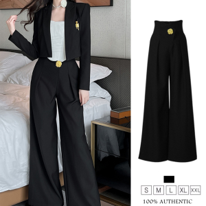 ZYHT Eravogue Women's Black Wide Leg Casual Pants & Short Top Jacket
