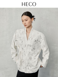 HECO New Chinese Style National Trend Bead Embroidery Short Jacket Womens Autumn New Top Womens Clothing Loose Fit V-neck