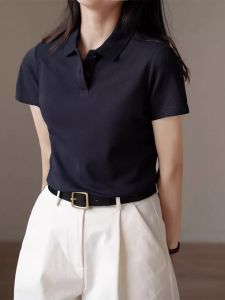 Navy Blue Straight Shoulder Casual Short Sleeve Womens Polo Shirt