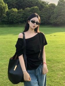 HUOLISI | Chic Petite Black Off-Shoulder Short Sleeve T-Shirt