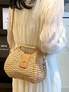 LOVD กระเป๋าสะพายข้างเปลือกหอยแบบมินิมอลญี่ปุ่นฝาครอบกระเป๋าฤดูร้อนกระเป๋าฟางแบบทอวันหยุดพักผ่อนกระเป๋าถือสะพายข้างกระเป๋าระดับไฮเอนด์