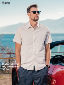 Enjeolon | Lightweight Cool Short Sleeve Shirt with Striped Texture and Turn-down Collar