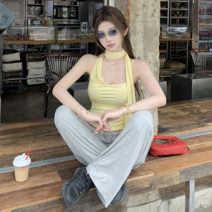 YUEZHONGWEI | Áo ba lỗ không tay ôm vừa vặn màu vàng kiểu Pháp dành cho nữ mùa hè Áo khoác ngoài Dây đeo cổ Đồ lót không tay Dây đeo nhiều dopamine