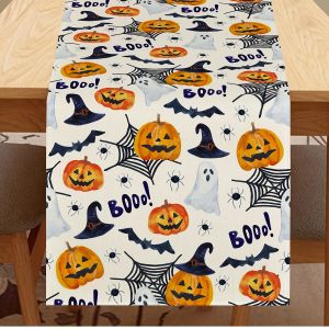 1 Piece of Halloween Themed Table Runner Spider Web Pumpkin and Witch Hat Design Suitable for Parties Restaurants Homes Markets and Holiday Decoration Scenes.