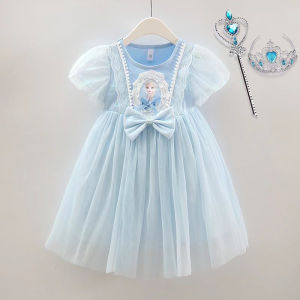 Princess Style Short Sleeve Dress for Girls Baby Fashionable Birthday Cake Design Cotton Material Summer Skirt for Kids