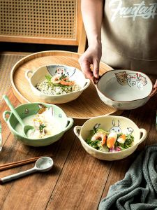 Cute Large Ceramic Bowl Double Ear Soup Salad Rice Bowl Personal Specialty Japanese Style Hand-Painted Cartoon Animal Bowl