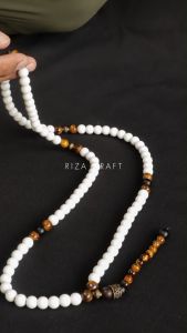 GOLDEN WHITE JADE - Tasbih Batu Alam Kristal Giok Putih Salju Mix Tiger Eye Black Onyx Asli 99 Butir Original Mewah Terbaru