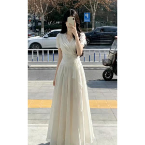 cenzcci | Đầm Dài Phong Cách Pháp Áo Sơ Mi Cổ V Tay Ngắn Ôm Body