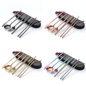 Stainless Steel Spoon Chopsticks Straw Knife Fork Portable Outdoor 8 Pieces Suit Commercial Portuguese Tableware 7-Piece Set