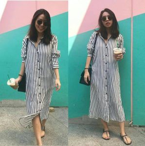 ●ECLAIRE● 026 Dress Midi Lengan Panjang Longsleeves Salur Stripe Garis-garis Basic Dasar Kasual Casual Kerja Korea Mode Santai 504