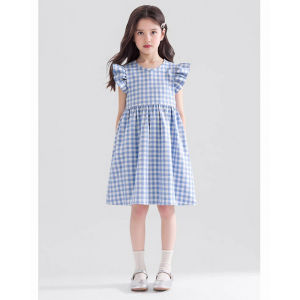 Girls Toddler Princess Dresses Girls Fashion Blue Plaid Dress Kids Flying Sleeves Party Clothes Cotton Summer New Little Dress