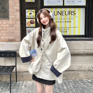 Womens Loose Casual Style Stand Collar Windbreaker Coat Color Block Design Autumn Fashion Outerwear Polyester Fiber