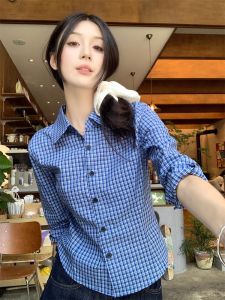 เสื้อเชิ้ตแขนยาวทรงเข้ารูปสีน้ำเงินลายสก็อตสำหรับผู้หญิง เสื้อชั้นในสไตล์เกาหลี ทรงสลิมฟิต เสื้อเชิ้ตชั้นในสุดเก๋
