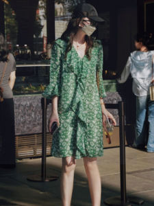 YUFUQING | French Green Floral Long Sleeve Womens Dress Slimming High Waist Bordered Midi Skirt Commute Style Summer New Arrival