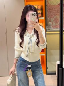PEIXI | College Style Naval Collar Color Block Stripe Cardigan Knitwear