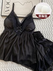 Summer Ice Silk Deep V Neck Lace Trim Chemise Womens Sleepwear with Chest Pad Black Two-Piece Set Sweet Style Home Clothes