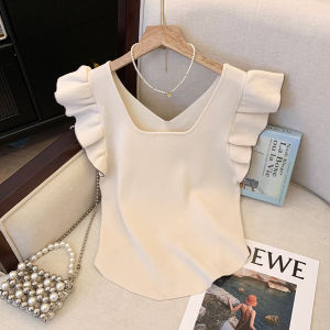 Big Sale Leak-Picking ~ Summer Square Collar Flying Sleeve Lace Sleeveless Knitwear Womens Waist-Tight Slimming and Short Vest Tops