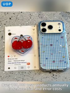 UGP | Blue Check iPhone Case Cute Cherry Stand Simple Grid Full Protection