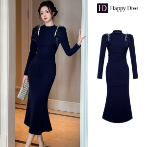 Happy Diva เดรสผู้หญิง เดรสสีฟ้า เดรสหางปลา เดรสแขนพอง เดรสทำงาน เดรสไฮโซ เดรสวินเทจ เดรสออกงาน เดรสปาร์ตี้ ชุดราตรี 15345